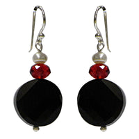 Load image into Gallery viewer, Perlenohrringe, Schwarz, Rot und Weiß, aus Onyx, 925er Sterlingsilber-Bügel, 12mmØ
