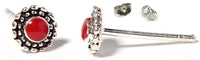 Load image into Gallery viewer, Ohrstecker, rot, koralle, rund, Blume 5 mm Ø, in massivem Silber mit Zopfmuster eingefasst, 925er Sterlingsilber-Stift
