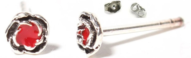 Rose Ohrstecker, rot, koralle, rund, 3 mm Ø, eingefasst, 925er Sterlingsilber