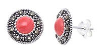 Load image into Gallery viewer, Ohrstecker, rot, rund, silber Rand 8 mm Ø, silber Steine eingefasst, 925er Sterlingsilber
