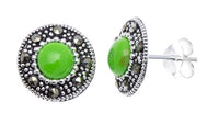 Load image into Gallery viewer, Ohrstecker, grün, rund, silber Rand 8 mm Ø, silber Steine eingefasst, 925er Sterlingsilber
