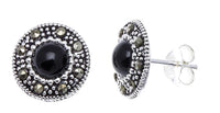 Load image into Gallery viewer, Ohrstecker, schwarz, rund, silber Rand 8 mm Ø, silber Steine eingefasst, 925er Sterlingsilber
