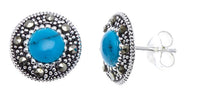 Load image into Gallery viewer, Ohrstecker, türkis, rund, silber Rand 8 mm Ø, silber Steine eingefasst, 925er Sterlingsilber
