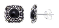 Load image into Gallery viewer, Ohrstecker schwarz eckig runder Stein silber Rand 8 mm silber Steine eingefasst 925er Sterlingsilber

