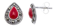 Load image into Gallery viewer, Ohrstecker rot Tropfen Stein silber Rand 8 mm silber Steine eingefasst 925er Sterlingsilber
