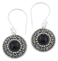 Load image into Gallery viewer, Silberohrringe rund 11 mm Onyx Silberrrand Glitzer 925 Sterlingsilber Ohrringe
