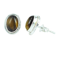 Load image into Gallery viewer, Ohrstecker Braun oval Tigerauge 10 mm Ø eingefasst 925er Sterlingsilber Rand
