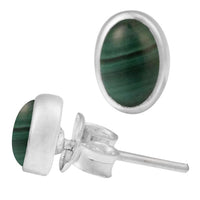 Load image into Gallery viewer, Ohrstecker Malachit grün oval 6 mm 925er Sterling Silber Rand Stein Silberohrstecker
