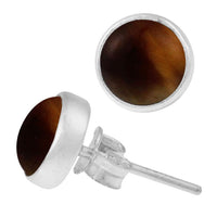 Load image into Gallery viewer, Ohrstecker Tigerauge braun rund 10 mm 925er Sterling Silber Rand Stein Silberohrstecker
