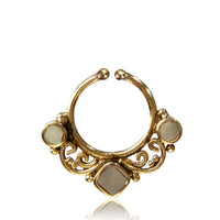 Load image into Gallery viewer, Septum Fake Piercing Nasenringe Spiralbögen 3 Perlmutt Steine Messing golden nickelfrei antik
