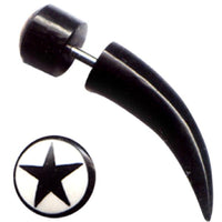 Load image into Gallery viewer, Buffalo Horn Fake Piercing, leicht gebogener Spike, schwarz mit weißer Kappe und schwarzem Stern, Ohrhänger, Ohrstecker, Ohrring
