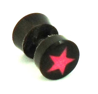 Cargar imagen en el visor de la galería, Fake Piercing Horn Plug schwarz rosa Stern Ohrstecker handgeschnitzt
