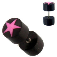 Load image into Gallery viewer, Tribal Fake Piercing, schwarzer Fakeplug mit pinkfarbenem Stern, handgeschnitzt aus Büffelhorn, 1mm, Edelstahlbügel
