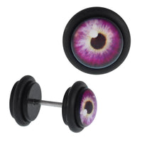 Cargar imagen en el visor de la galería, Fake Piercing Plug Tunnel Stein brauner Lila Strahlen Hintergrund schwarz Gummiring 7 mm
