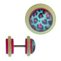 Load image into Gallery viewer, Fake Piercing Plug pink Leoparden Fell pink türkis Gummiring hellgrün 7 mm
