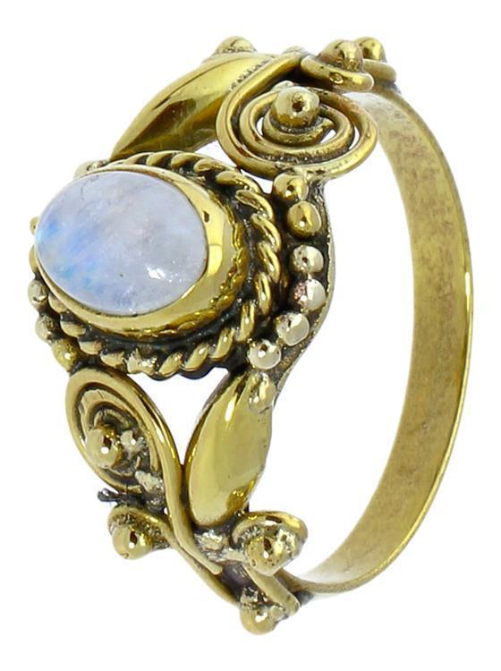 Messing Ringe Mondstein oval Zopf Spiralblumen Kugeln antik golden nickelfrei Tribal Schmuck