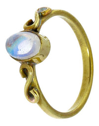 Load image into Gallery viewer, Messing Ringe S-Form Spiralen Mondstein oval antik golden dünn nickelfrei Tribal Stein Schmuck
