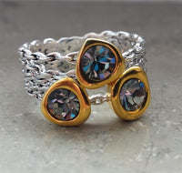 Cargar imagen en el visor de la galería, Ketten Silberring vergoldet drei Glitzer Zirkonia breit 925
