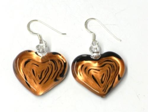 Damenohrringe, schwarz-goldene herzförmige Glasohrringe, hergestellt aus Glas und Sterlingsilber 925, handbemalt