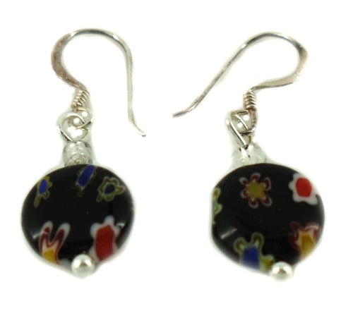 Muranoglas Glas Ohrringe 10 mm Scheibe schwarz Muster Blumen 925er Silber