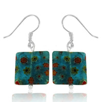 Load image into Gallery viewer, Muranoglas Glas Ohrringe 14 mm Quadrat türkis bunt Muster Blumen 925er Silber
