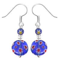 Load image into Gallery viewer, Muranoglas Ohrringe 18 mm Perle Scheibe blau bunt Blumen 925er Sterling Silber Glas
