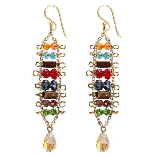 Brass Glaskristall Ohrringe gold bunt gelb Tropfen lang Ohrhänger Ethno Designer