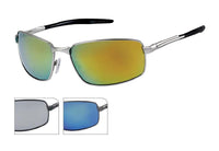 Load image into Gallery viewer, A pair of Sonnenbrille Herren Brille grau, sportlich und verspiegelt mit UV 400 Schutz. Zwei kleine Bilder zeigen Varianten mit silberner und blauer Verspiegelung. Die schwarzen, zweiteiligen Bügel haben metallische Details.
