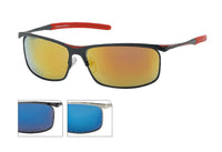 Load image into Gallery viewer, Sonnenbrille zweifarbig Herren Brille aus Metall mit schwarzen Rahmen, roten Bügeln, gelb-orangenen oder blauen verspiegelten Gläsern, UV-Schutz 400 und langen Bügelkappen. Verschiedene Rahmenfarben verfügbar.

