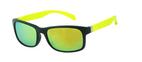 Load image into Gallery viewer, The Sonnenbrille Herren verspiegelt 400 UV features black frames, green mirrored lenses, and bright yellow arms, offering UV-Schutz 400. Displayed on a white background.
