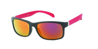 Load image into Gallery viewer, A &quot;Sonnenbrille Herren verspiegelt 400 UV breit schmal Scharnier bunt Bügel&quot; with black frames, red arms, and orange-tinted mirrored lenses offering UV 400 protection, shown on a white background.
