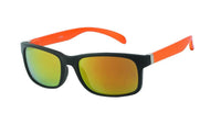 Load image into Gallery viewer, A Sonnenbrille Herren verspiegelt 400 UV, with black frames, colorful orange arms, and yellow-orange mirrored lenses, is shown on a white background.

