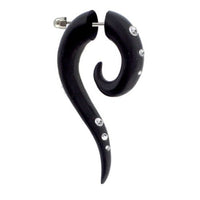 Cargar imagen en el visor de la galería, Tribal Fake Piercing schwarz langgezogen Spirale weiß Kristalle Edelstahl handgeschnitzt Eisenholz
