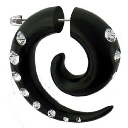 Tribal Fake Piercing schwarz Spirale weiß Kristalle handgeschnitzt Eisenholz Edelstahl 1 mm