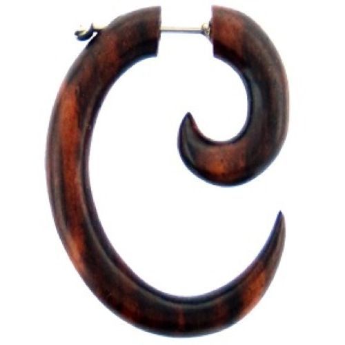 Tribal Fake Piercing braun gemasert Spirale oval handgeschnitzt Holz Edelstahl 1 mm