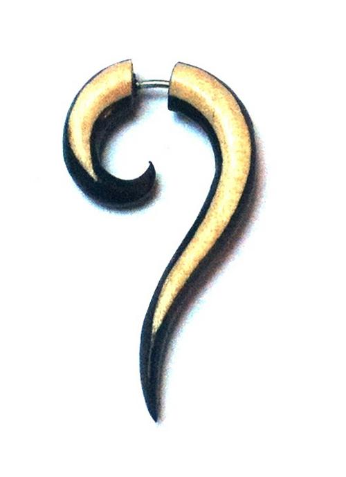 Tribal Fake Piercing schwarz beige Fragezeichen Holz handgeschnitzt Sonoholz Edelstahl organic