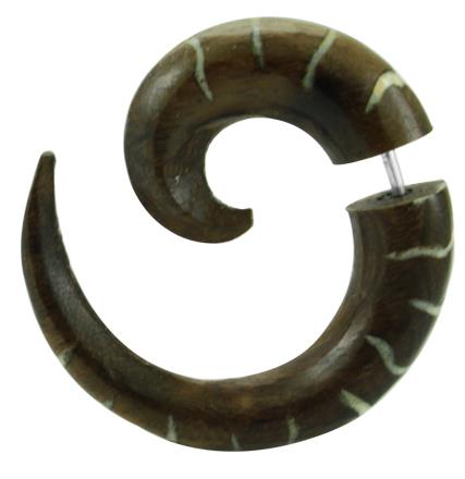 Tribal Fake Piercing Spirale Bone Inlay Wellen handgeschnitzt Tamarinden Holz Edelstahl Organic