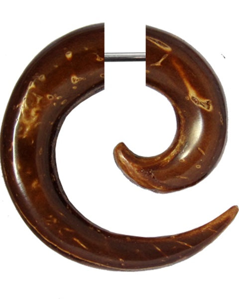 Tribal Fake Piercing Holz Spirale Unisex handgeschnitzt Kokosholz Edelstahlbügel Organic dunkelbraun