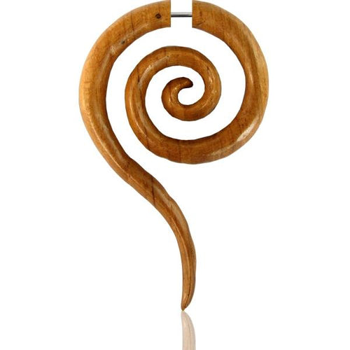 Fake Piercing Teak Holz Spirale lang 62 mm Plug Ohrstecker braun gemasert
