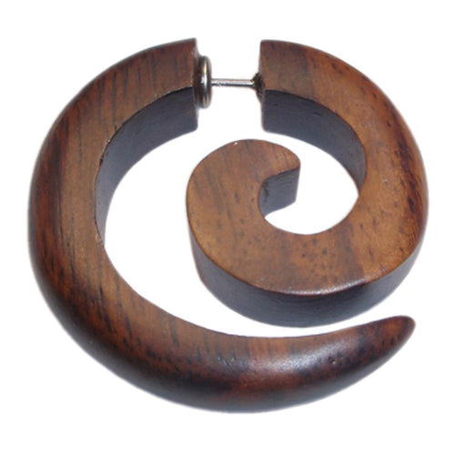 Tribal Ohrring Sono Holz Spirale braun Edelstahlbügel, Fake Piercing