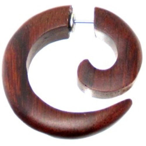 Tribal Ohrring Sono Holz klein Spirale braun Edelstahlbügel organic Fake Piercing 1 mm