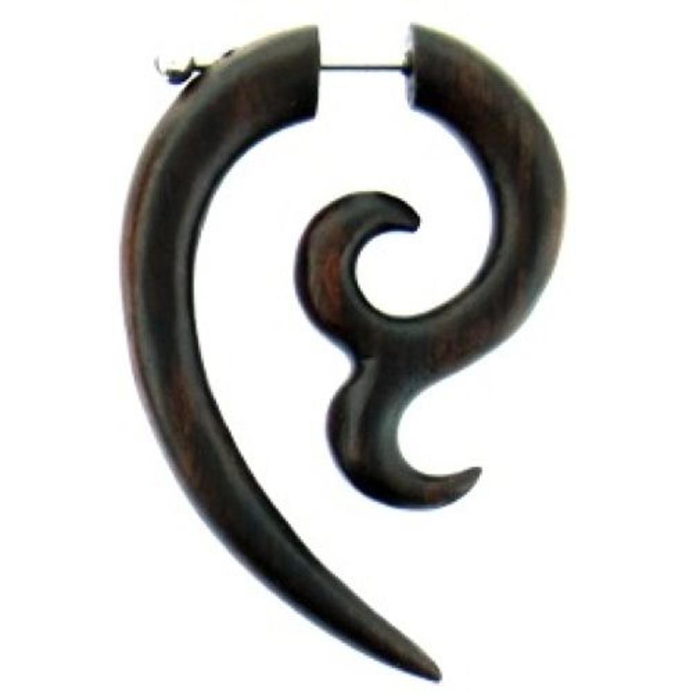 Tribal Maori Fish Tail Spirale Ohrring Sono Holz braun Fake Piercing Edelstahl Ohrhänger Ohrstecker