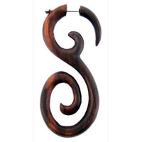 Load image into Gallery viewer, Tribal Fake Piercing braun Tattoospirale handgeschnitzt Holz Edelstahlbügel Organic Ohrstecker 1 mm
