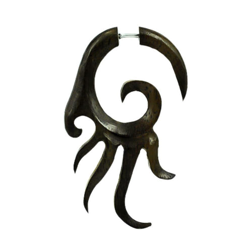 Tribal Sono Holz Wimpern Spirale 58 x 31 mm Fake Piercing braun Edelstahl Ohrstecker Ohrring 1 mm