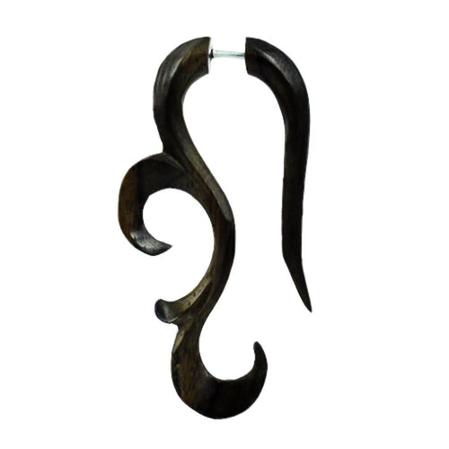 Tribal Fake Piercing 57 x 28 mm Haken Fragezeichen Sono Holz braun Edelstahl Ohrstecker 1 mm
