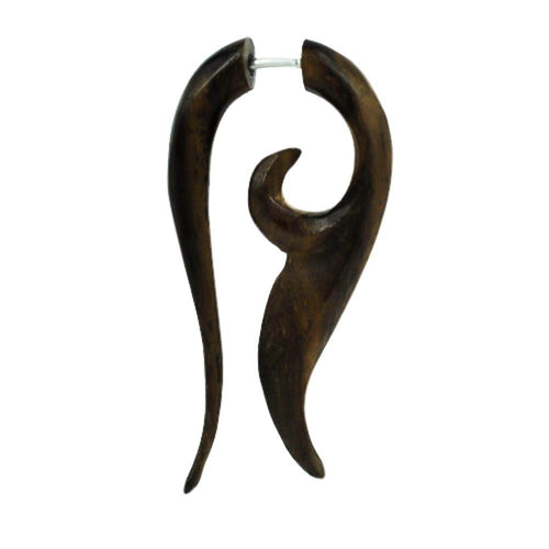 Tribal Fake Piercing Bogen Sono Holz Fishtail braun filigran Edelstahl Ohrstecker ca. 28 x 48 mm