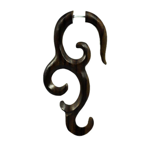 Tribal Fake Piercing Wave spiralig 67 x 30 mm Sono Holz braun Edelstahl Ohrstecker Ohrring 1 mm