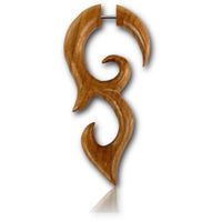 Load image into Gallery viewer, Fake Piercing Teak Holz Bogen Ornament 57 mm Plug Ohrstecker braun gemasert
