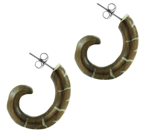 Tribal Fake Piercing Tamarinden Holz Ohrstecker Organic Spirale Bone Inlay handgeschnitzt Edelstahl