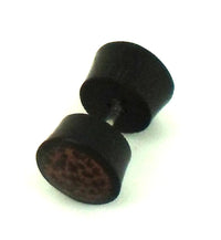 Load image into Gallery viewer, Fake Piercing schwarz braun Punkte Holz Plug Kokosholz Füllung 10 mm Ohrstecker
